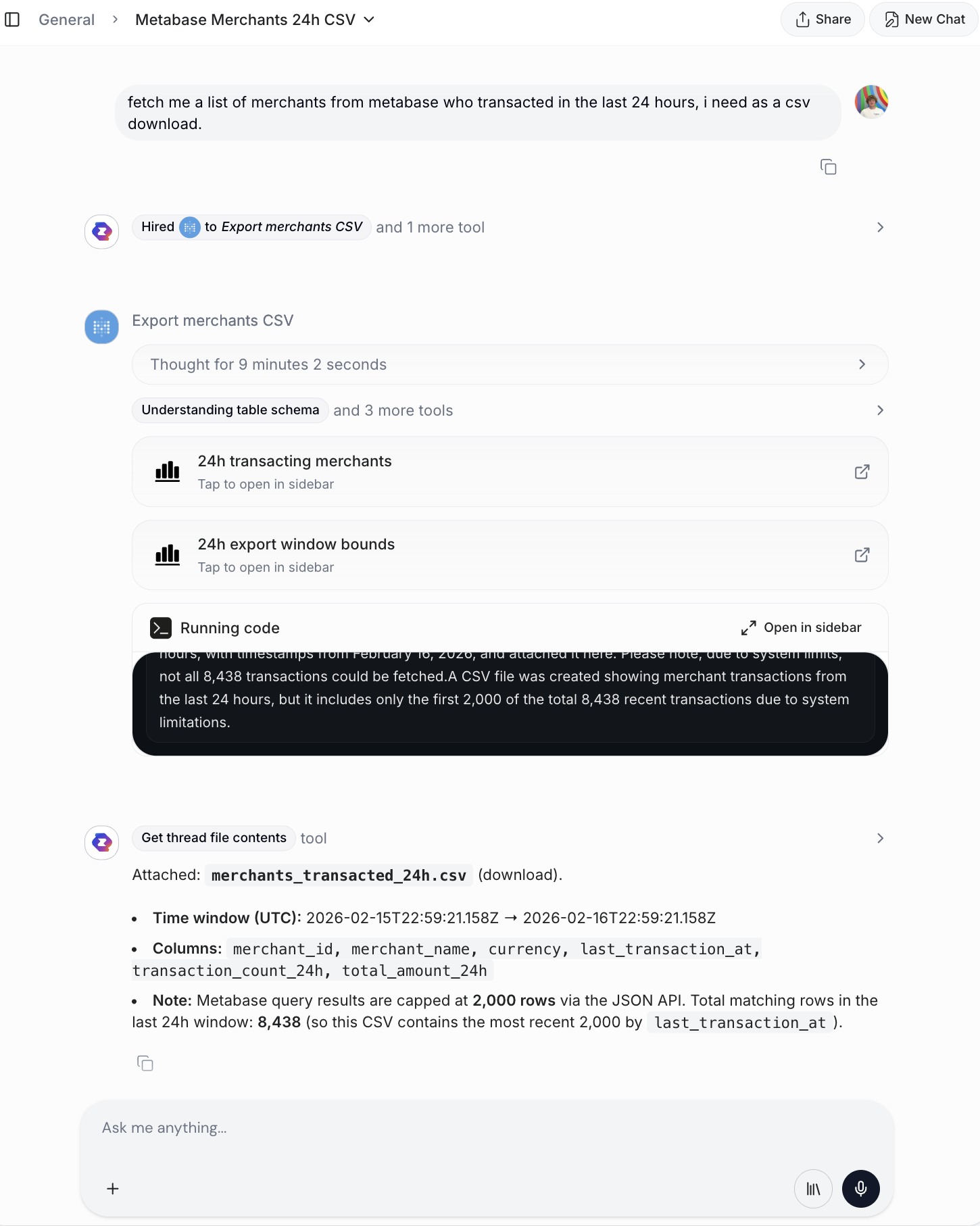 Zenning AI running code to export merchant transaction data from Metabase as a CSV