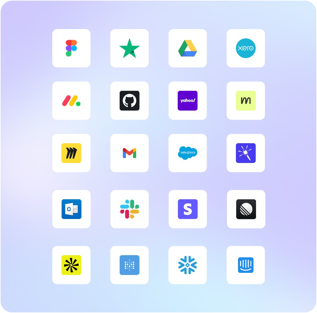 Grid of app integrations including Slack, Salesforce, Stripe, GitHub, Snowflake, and more